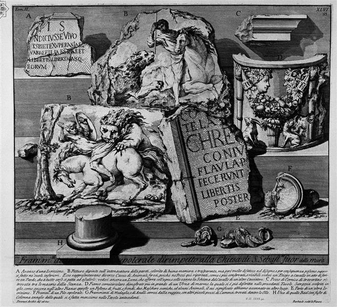 The Roman antiquities, t. 2, Plate XLVI. Fragments of the burial chamber opposite the Church of St. Sebastian outside the walls (figures carved from Barbault). - Giovanni Battista Piranesi