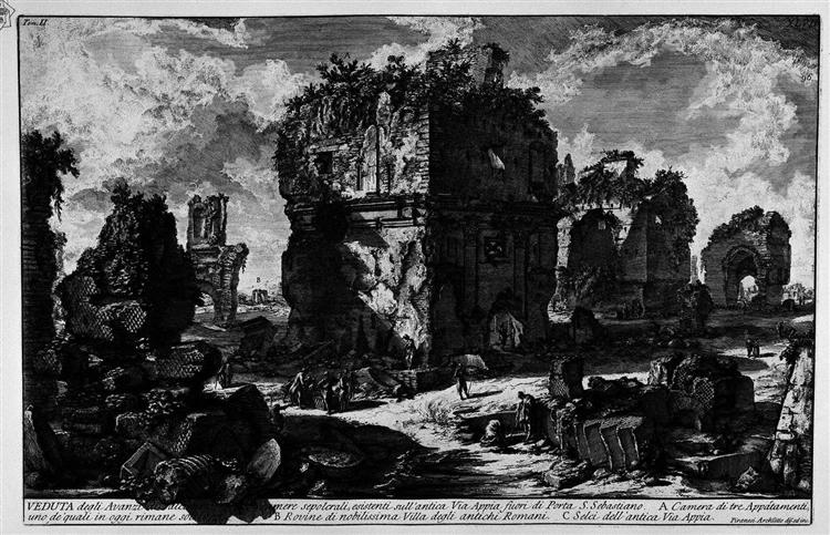 The Roman antiquities, t. 2, Plate XLVII. View the remains of some existing burial chambers on the ancient Via Appia outside the Porta S. Sebastiano. - Джованни Баттиста Пиранези