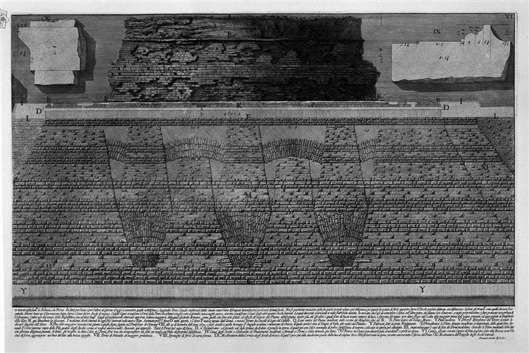 The Roman antiquities, t. 4, Plate VI. Construction details of the Mausoleum of Hadrian and d`Elio Bridge St. Angelo and their foundations. - 皮拉奈奇