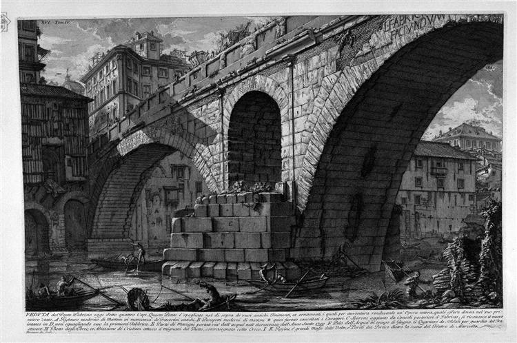 The Roman antiquities, t. 4, Plate XVI. A view of the portion of the ship built and planted before the Travertine substructures of the Temple of Aesculapius Tiber Island. - Giovanni Battista Piranesi