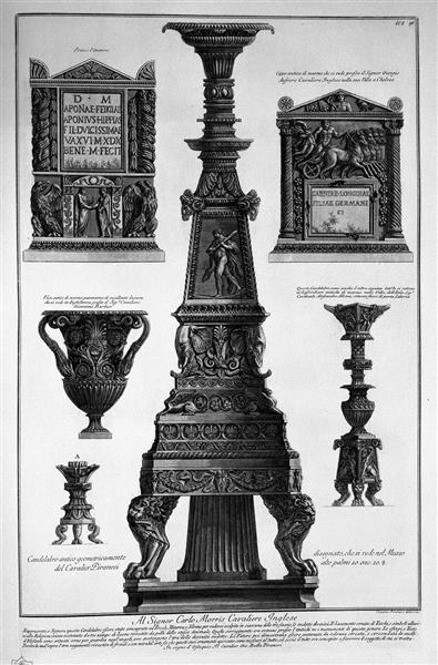 Three candlesticks, a vase and two stones - Giovanni Battista Piranesi