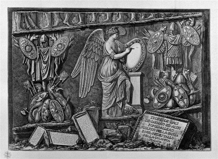 Trophies of the Dacians, Sarmatians and other peoples of the allies in the band and carved into the pedestal of Trajan column - Giovanni Battista Piranesi