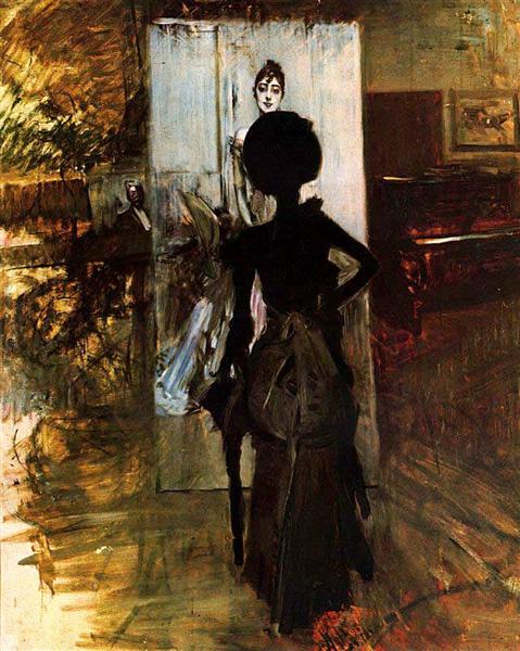 Woman in Black who Watches the Pastel of Signora Emiliana Concha de Ossa, 1888 - 乔瓦尼·波尔蒂尼