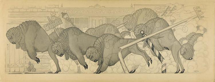 Untitled, from suite Savage Iowa (Buffalo Stampede), 1923 - Грант Вуд