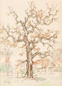 A Large Oak Tree in Front of Houses - Gregoire Boonzaier