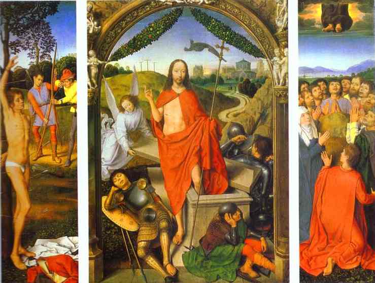 Triptych of the Resurrection: The Resurrection (centre) The Martyrdom of St. Sebastian (left) and The Ascension (right), c.1485 - 1490 - Hans Memling