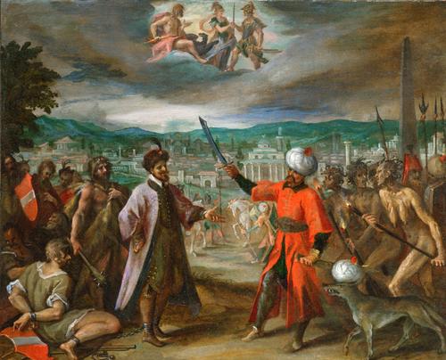 Cinq Allégories des Guerres turques : déclaration de guerre devant Constantinople, 1604 - Hans von Aachen