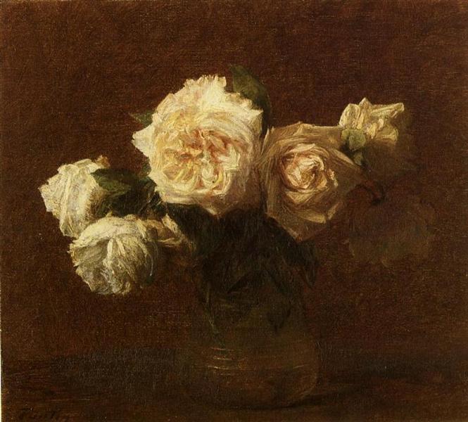Yellow Pink Roses in a Glass Vase, 1903 - Анрі Фантен-Латур