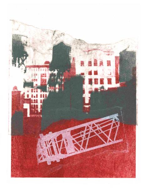 'New York City with Water Towers' No 1. - mono-print art, 2010; Dutch artist, Hilly van Eerten, 2010 - Hilly van Eerten