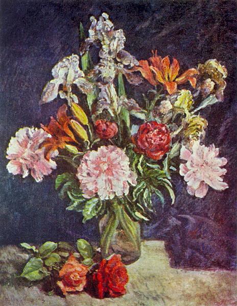 Bouquet of flowers. Peonies, irises, lilies, 1942 - Ilja Iwanowitsch Maschkow