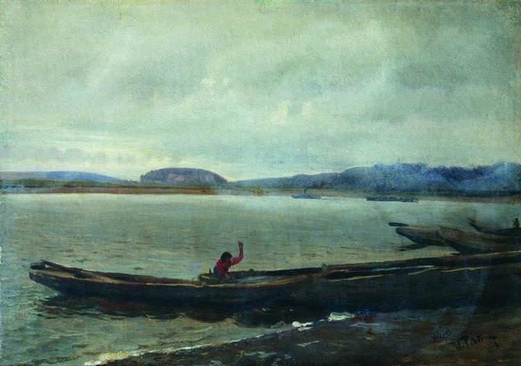 Landscape of the Volga with boats, 1870 - Ілля Рєпін
