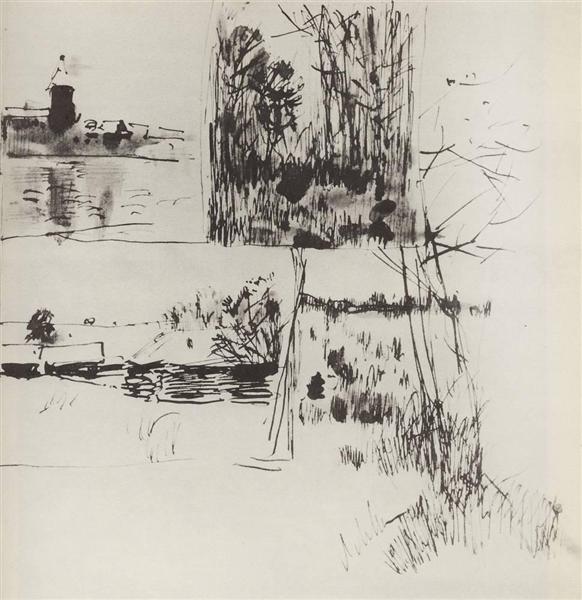 Строение у воды.  На окраине деревушки., c.1895 - Исаак Левитан