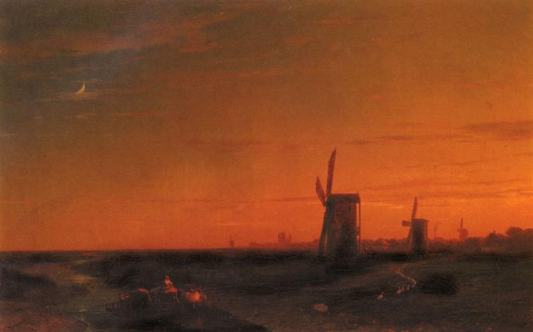 Landscape With Windmills - Ivan Konstantinovich Aivazovskii