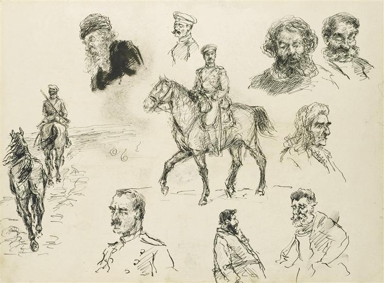 A Russian Cavalry Officer (recto) and Other Sketches of Various Characters (verso) - Ivan Vladimirov