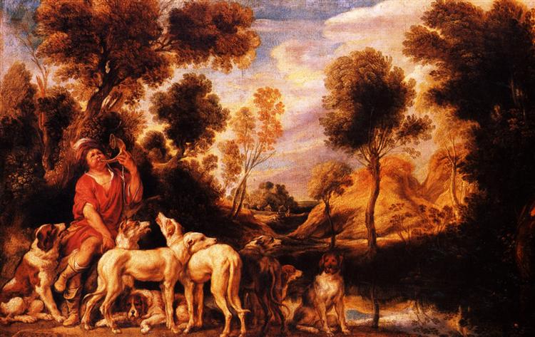 Hunter with his dogs, 1635 - Якоб Йорданс