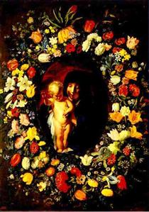 Мадонна с Младенцем в венке из цветов - Якоб Йорданс