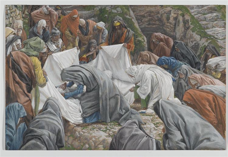 The Holy Virgin Kisses the Face of Jesus Before He is Enshrouded on the Anointing Stone - James Tissot