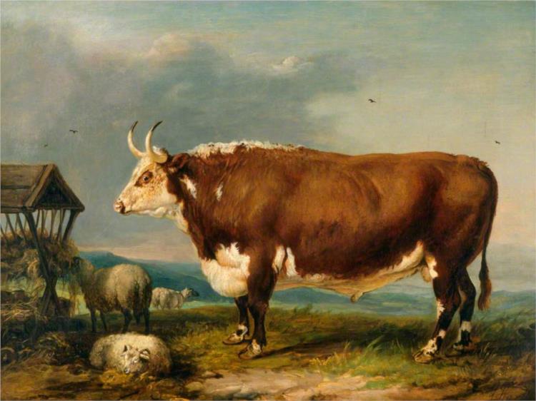 Hereford Bull with Sheep by a Haystack - James Ward