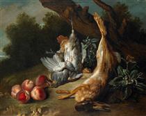 Stilleben mit totem Wild und Pfirsichen in einer Landschaft - Jean-Baptiste Oudry