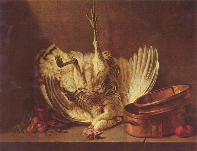 Still life with turkey hanged, c.1750 - Жан Батист Симеон Шарден