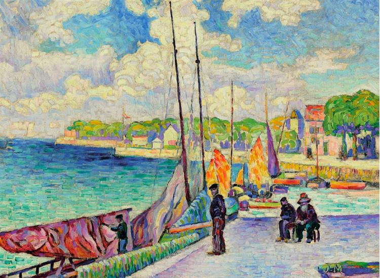 Petit port, pecheurs et bateaux au quai, 1906 - Jean Metzinger