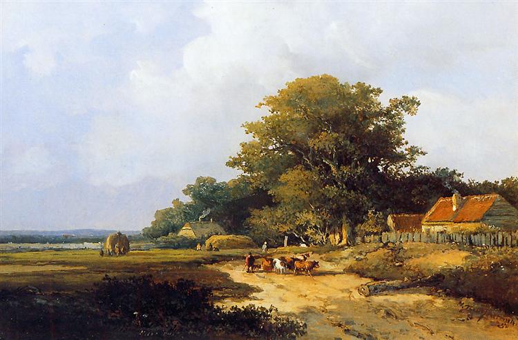 Farmer with herd on countryroad - Johan Hendrik Weissenbruch