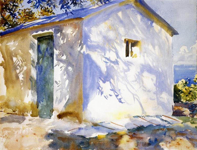 Delicate watercolour painting by John Singer Sargent depicting the shadows of a tree on the side of a White House on a summer's day.