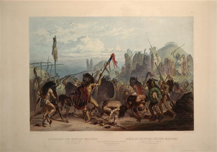 Buffalo-Dance of the Mandan Indians in front of their Medicine Lodge in Mih-Tutta-Hankush, plate 18 from Volume 2 of 'Travels in the Interior of North America', 1843 - Карл Бодмер