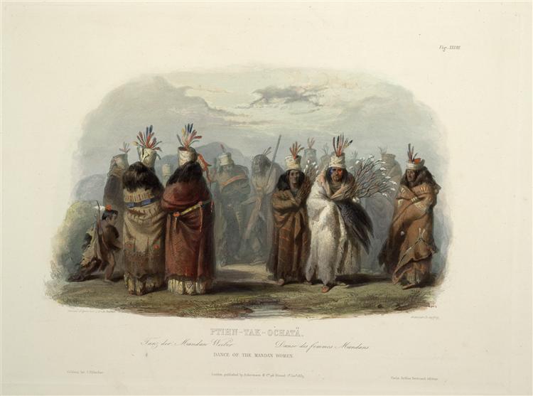 Ptihn-Tak-Ochata, Dance of the Mandan Women, plate 28 from Volume 1 of 'Travels in the Interior of North America', 1843 - Карл Бодмер