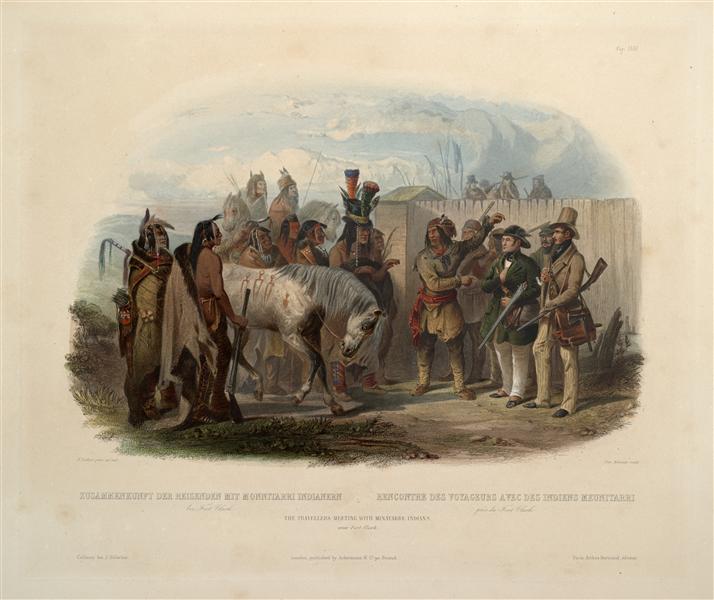 The Travellers Meeting with Minatarre Indians near Fort Clark, plate 26 from Volume 1 of 'Travels in the Interior of North America', 1843 - Карл Бодмер