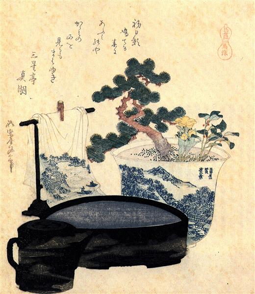 A lacquered washbasin and ewer - Hokusai
