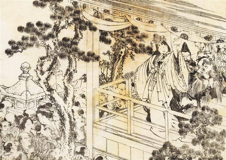 A scene of a shinto shrine dance, kagura - Katsushika Hokusai