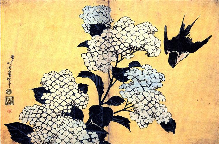 Hydrangea and Swallow - Hokusai