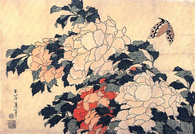 Poenies and butterfly - Katsushika Hokusai