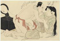 A man interrupts woman combing her long hair - Utamaro