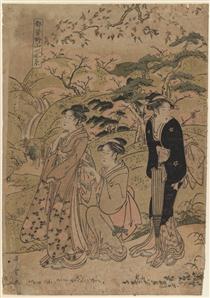 Three Courtesans Stroll Amidst Cherry Blossoms - Kitagawa Utamaro
