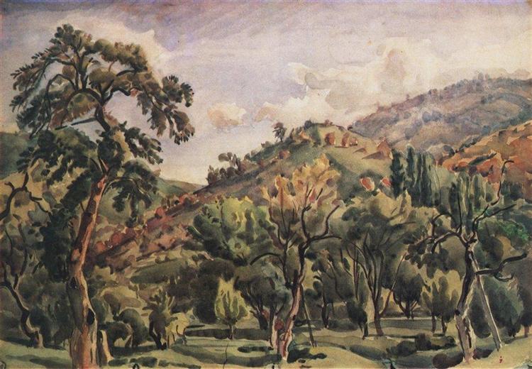 Mountain landscape with trees. Ortolan., c.1935 - Konstantin Fjodorowitsch Bogajewski
