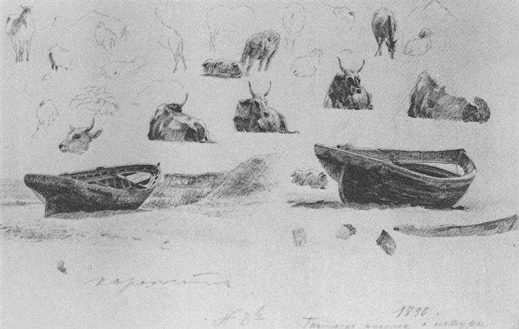 Study of boats and cows, 1890 - Constantin Bogaïevski