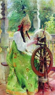 At the Spinning-Wheel - Konstantin Jegorowitsch Makowski