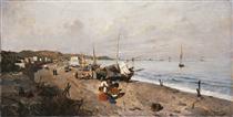 Boats and Children on the Beach - Constantinos Volanakis