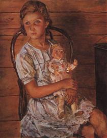 Girl with a Doll - Kusma Sergejewitsch Petrow-Wodkin