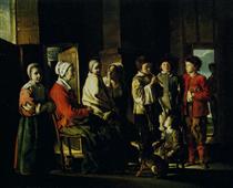 Country interior with the young player of flageolet - Hermanos Le Nain