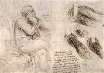 Чоловік сидить, вивчає і робить нотатки про рух води - Леонардо да Вінчі