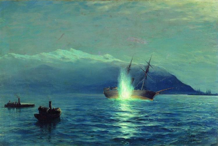 Sinking  the Turkish steamer 'Intibach' by boats of ship 'Grand Duke Constantine' in the Batumi raid on the night of January 14, 1878, 1880 - Lev Lagorio