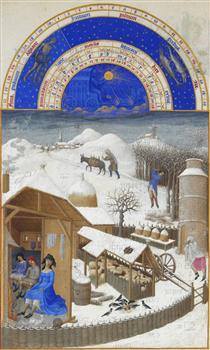 Calendar: February (Farmyard Scene with Peasants) - Frères de Limbourg