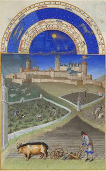 Calendar: March (Peasants at Work on a Feudal Estate) - Limbourg brothers