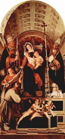 Altar of Recanati polyptych, main board: Madonna Enthroned with the Christ child, three angels, St. Dominic, St. Gregory and St. Urban - Lorenzo Lotto