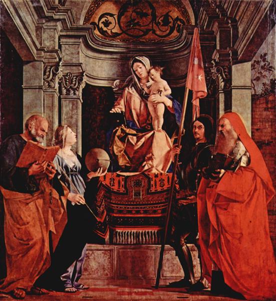 Altar of Santa Cristina al Tiverone, main board: Madonna Enthroned, St. Peter and St. Christina of Bolsena, St. Liberalis and St. Jerome, 1505 - 羅倫佐·洛托