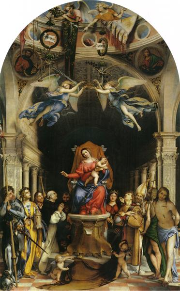 Altar polyptych of San Bartolomeo, Bergamo, main panel: Enthroned Madonna with Angels and Saints - Alexander of Bergamo, Barbara, Roch, Dominic, 1516 - Lorenzo Lotto