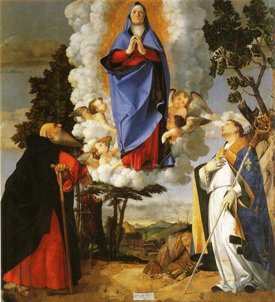 Asolo Altarpiece, main panel: Scene of the Assumption with St. Anthony the Abbot and St. Louis of Toulouse, 1506 - Лоренцо Лотто